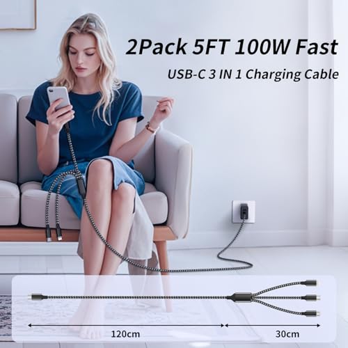 100W USB-C Multi Charging Cable with E-Mark Chip, USB C Cable Fast Charging - color: Blackgrey, size: 2Pack 5FT