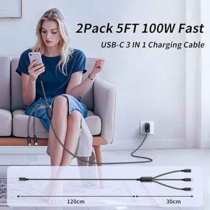 100W USB-C Multi Charging Cable with E-Mark Chip, USB C Cable Fast Charging - color: Blackgrey, size: 2Pack 5FT