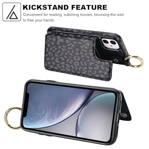 HAOPINSH for iPhone 11 Wallet Case with Card Holder, Black Leopard Cheetah Print Back Flip Folio PU Leather Kickstand Card Slots Case, Finger Grip Ring Double Magnetic Clasp Shockproof 6.1" - color: Black Leopard Grip Ring