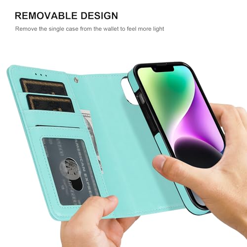 Bocasal Detachable Wallet Case Card Holder for iPhone 13, Light Blue | RFID Blocking Kickstand Card Slots Holder PU Leather Magnetic Shockproof Wrist Strap Removable Flip Protective Cover 6.1 inch - color: Light Blue