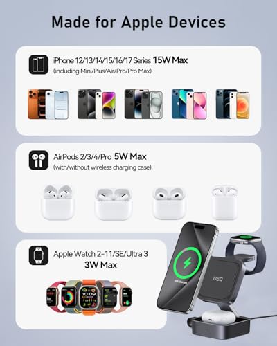 UEQ 3 in 1 Wireless Charging Station for Apple Devices,Compatible with MagSafe Charger Stand,Foldable Fast Travel Magnetic Wireless Charger for iPhone 17 Air 16 15 14 13 12,Apple Watch&AirPods Pro