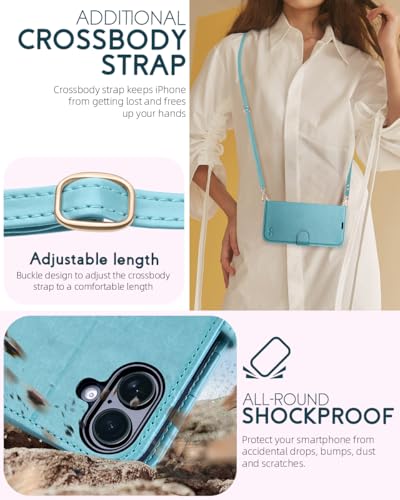 OCASE for iPhone 16 Plus Wallet Case, PU Leather Crossbody Phone Case with Removable Shoulder Strap, Kickstand, RFID Blocking Card Slots, Flip Folio Phone Cover 6.7 Inch 2024, Ice Blue - color: Ice Blue, size: iPhone 16 Plus
