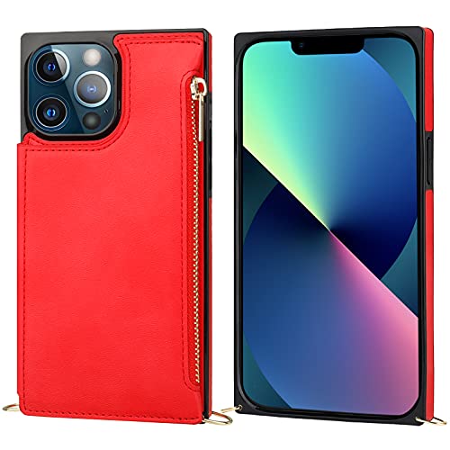 Bocasal Crossbody Wallet Case with Strap for iPhone 13 Pro, Red - color: Red