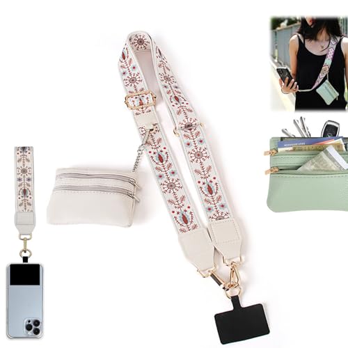 Phone Strap With Zippered Pouch, Universal Lanyard Crossbody Wrist Strap With Wallet, Adjustable - color: Beige A3