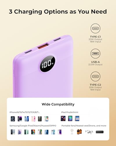 Small Portable Charger 10000mAh 20W Fast Charging Mini Power Bank, Purple - color: Purple