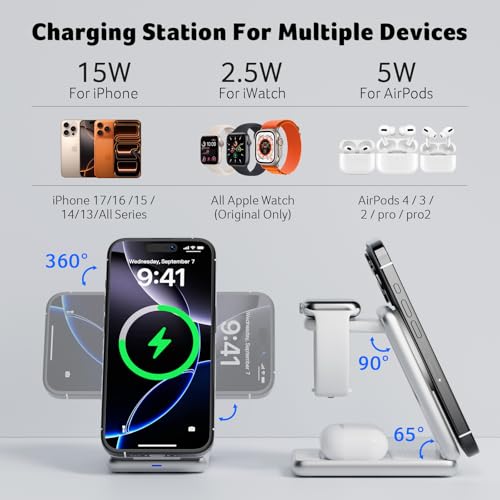Acer 3 in 1 Charging Station for iPhone, Wireless Charger Stand,15W Fast MagSafe Charger for iPhone 17 16 15 14 13 12 Series-Apple Watch 11 10 9 8 7 6 5 4 3 2 SE and Ultra Series-Airpods 4 3 2 Pro - color: SL-S3-White