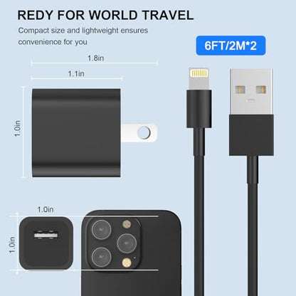 iPhone Charger,[MFi Certified] 2Pack 6FT Lightning Cable Data Sync Charging Cords With 2Pack USB Wall Charger Travel Plug Adapter Compatible with iPhone 14/13/12/11/Mini/XS/Max/XR/X/8/7/SE - color: Black