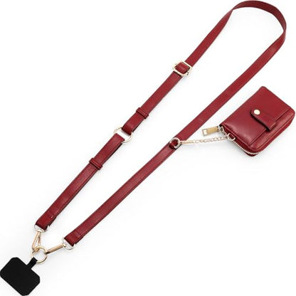 Diaclara Clip and Go Leather Phone Strap with Zipper Pouch- Stylish Crossbody Adjustable Lanyard with Wallet for All Phones, Wine Red - color: Leather Wine Red