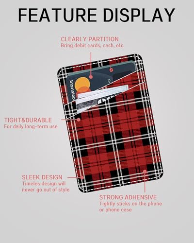 Phone Card Holder, Dual Pocket Leather Phone Wallet Adhesive Stick On, Cute Card Holder, Credit Card Holder for Phone Case Red Black Checkerboard - color: Red Black Checkerboard