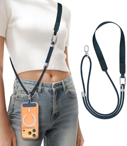 Phone Lanyard Crossbody with Phone Tabs, Adjustable Cellphone Lanyard with Skin-Friendly Neckband and Metal Carabiner - color: Denim Blue