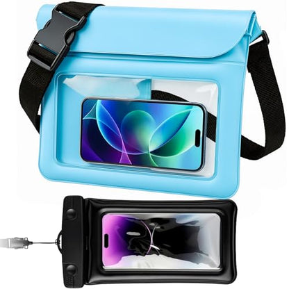 Waterproof Pouch Bag Set IPX8 2 Pcs: Blue Water Proof Fanny Pack 9.8" with Clear Window & Black Waterproof Phone Case 7" Phone Pouch, Floating Belt Bag with Crossbody Waist Strap, Cruise Essentials - color: Blue fanny pack + Phone pouch 7"