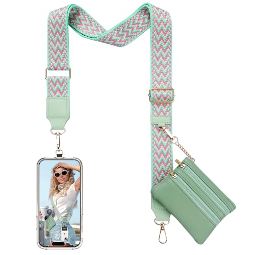 TiMOVO Clip and Go Phone Strap Crossbody with Leather Wallet, Adjustable Anti-Theft Lanyard with Pouch for Most Phone Case - color: W Stripe Green