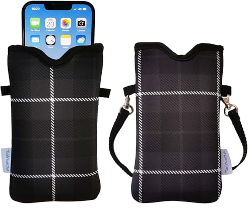 Tainada Neoprene Neck Cell Phone Pouch w/Crossbody Strap (Black Gray Plaid) | For Men/Women; Lightweight cellphone case bag w/ adjustable lanyard; Original design, made in Taiwan; Fits most smartphones - color: Black Gray Plaid