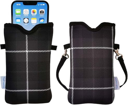 Tainada Neoprene Neck Cell Phone Pouch w/Crossbody Strap (Black Gray Plaid) | For Men/Women; Lightweight cellphone case bag w/ adjustable lanyard; Original design, made in Taiwan; Fits most smartphones - color: Black Gray Plaid