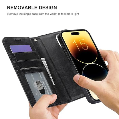 Bocasal Detachable Wallet Case Card Holder for iPhone 15 Pro Max Black | RFID Blocking Kickstand Card Slots Holder PU Leather Magnetic Shockproof Wrist Strap Removable Flip Protective Cover 6.7 inch - color: Black