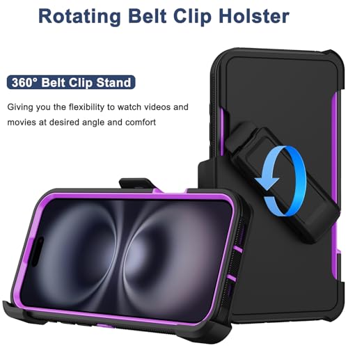for iPhone 16 Phone Case, Military Grade Drop Protection Cell Phone Cover with Belt Clip Holster Stand, Screen Protector x2 Rugged Shockproof Kickstand for iPhone 16 Case 6.1 inch (Purple) - color: Purple