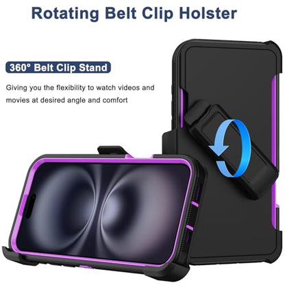 for iPhone 16 Phone Case, Military Grade Drop Protection Cell Phone Cover with Belt Clip Holster Stand, Screen Protector x2 Rugged Shockproof Kickstand for iPhone 16 Case 6.1 inch (Purple) - color: Purple