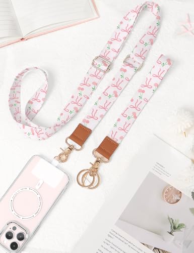 Phone Lanyard Crossbody Strap, Adjustable Neck Strap and Wristlet Strap for Phone Wallet ID Badge with 2 Phone Tabs - color: Bowknot Cherry