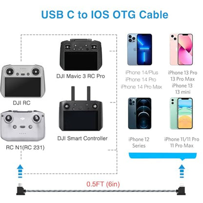 0.5FT USB C to IOS Remote Controller Cable for DJI Mini 4 Pro, DJI Mavic 3, Mini 2, mini 3 Pro, Air 2S, Mavic Air 2, DjI RC-N1/RC 2, DJi Drone to Phone/Tablet Cable 90 Degree OTG data Cord Accessories - size: 0.5FT(6in), style: USB C to IOS