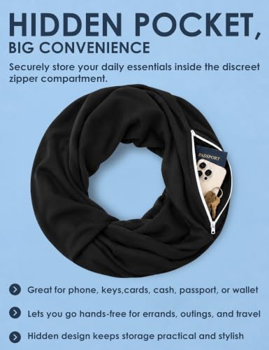 Pop Fashion Quatrefoil Pattern Infinity Scarf for Women - Travel Scarf with Hidden Pocket - All Seasons - color: All Black, size: 24.5 x 9.5