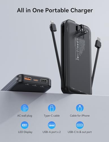 Portable Charger Power Bank 10000mAh with Built in Cables & Wall Plug - color: Pitch Black