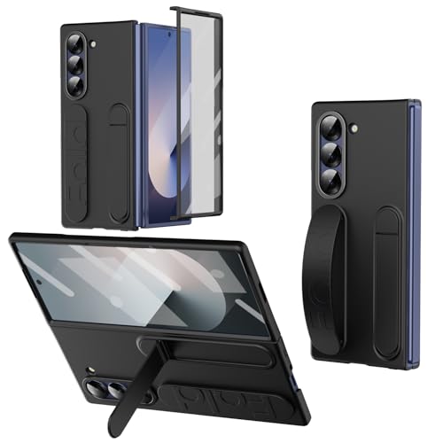 for Samsung Galaxy Z Fold 6 Protect Case with Wristband Stand,Bulit-in Screen & Lens Protection Shockproof Full Body Drop Fall Protection.(Black) - color: Black