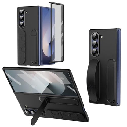 for Samsung Galaxy Z Fold 6 Protect Case with Wristband Stand,Bulit-in Screen & Lens Protection Shockproof Full Body Drop Fall Protection.(Black) - color: Black