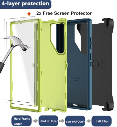 for Samsung Galaxy S24 Ultra Case with Belt Clip Holster, 2X Screen Protector, Heavy Duty Military Grade Full Body Shockproof Rugged Protective Cover for Samsung S24 Ultra 5G (Teal) - color: Teal