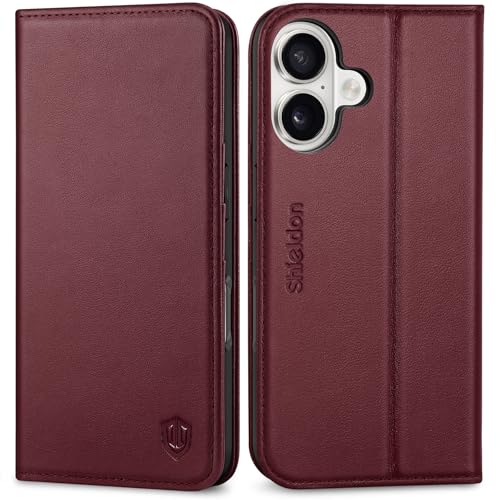 SHIELDON Genuine Leather Flip Wallet Case for iPhone 17 6.3" 2025, Wine Red | RFID Blocking, Credit Card Holder, Magnetic Closure, Kickstand, Folio Design, Soft Shock-Absorbent Phone Cover - color: Wine Red