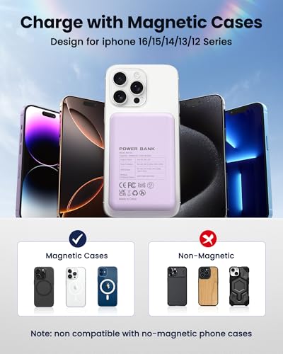 for Magsafe Battery Pack 12000mAh Magnetic Power Bank Portable Charger USB C 20W Fast Charging Wireless Charger Travel Essential for iPhone 16/15/14/13/12 Series Purple | PD 22.5W Fast Charging, USB C in&Out Wireless Battery Pack Phone Charger for iPhone