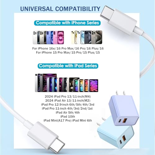 10 Foot Fast iPhone Charging Cable,2Pack 20W Dual Port USB C+A Wall Charger - color: Purple/Blue
