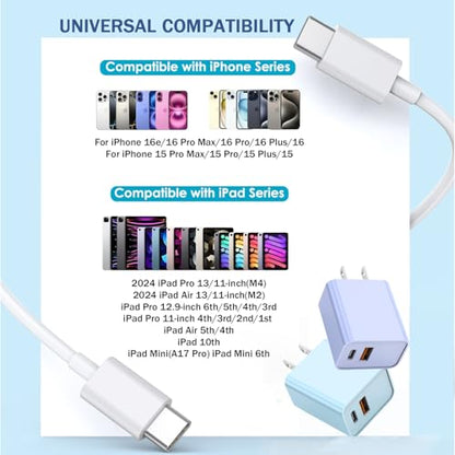 10 Foot Fast iPhone Charging Cable,2Pack 20W Dual Port USB C+A Wall Charger - color: Purple/Blue