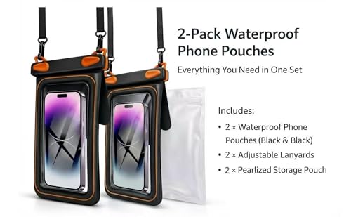 2 Pack Floating Phone Pouch with Dual Compartments, IPX8 Rated Waterproof Case for Rain, Beach, Boating & Kayaking, Clear Touch Screen, Fits Phones Up to 8.5”(Black-Black)