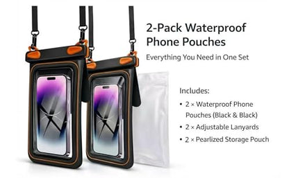 2 Pack Floating Phone Pouch with Dual Compartments, IPX8 Rated Waterproof Case for Rain, Beach, Boating & Kayaking, Clear Touch Screen, Fits Phones Up to 8.5”(Black-Black)
