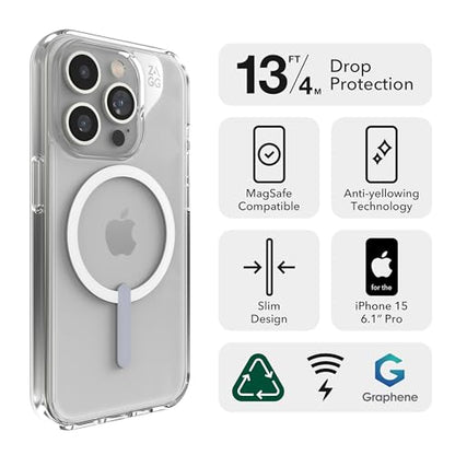 ZAGG Crystal Palace Snap iPhone 15 Pro Clear Phone Case - Drop Protection (13ft/4m), Durable Graphene, Anti-Yellowing, and Scratch-Resistant MagSafe Phone Case - size: iPhone 15 Pro, style: With Magsafe