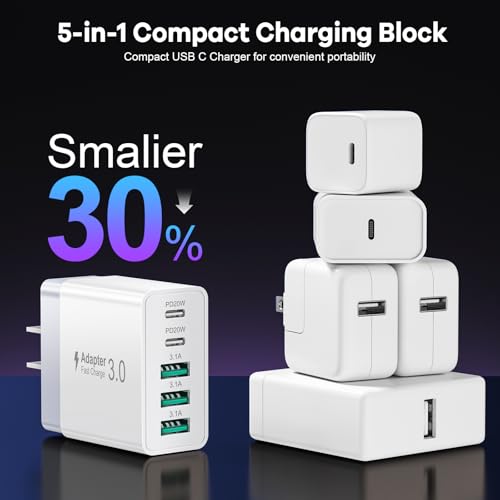 2Pack 5-Port USB C Charger Block, 50W Fast Charging Blocks 3 USB-A+2 USBC - color: White (3A+2C)