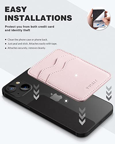 VULKIT Stick on Card Holder Compatible for iphone Leather Cell Phone Wallet Credit Card Case Strong Sticker for Women - color: Pink
