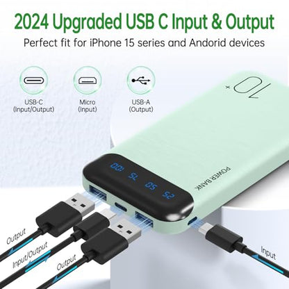 YOBON Power Bank 10000mAh Portable Charger Slim Battery Pack with 2 USB 2.4A Outputs and USB C in/Out Compatible with Huawei iPhone 16 15 14 13 12 iPad Samsung Galaxy S20 Android Tablet (Light Green) - color: Light Green