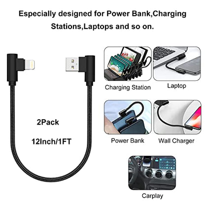 iPhone Charger 1ft MFi Certified Short 90 Degree Lightning Cable 2-Pack - color: Black