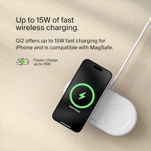 Belkin Qi2 15W 2 in 1 Wireless Charging Pad with USB-C Port - color: White, style: 2 in 1