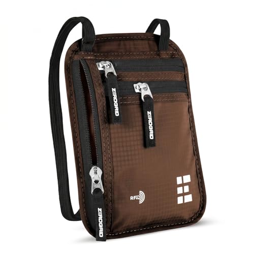 Zero Grid RFID Travel Neck Wallet, Large Passport Holder, Brown - color: Brown, size: Solo/Couple