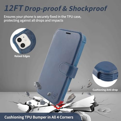 VANAVAGY Wallet Case for iPhone 11 6.1 inch, Navy Blue | 12ft Drop-proof Cover for Women Men, Silm PU Leather, RFID Blocking Card Holder, Wrist Strap, Screen Protector - color: Navy Blue