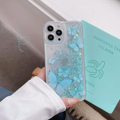 Compatible with iPhone 16 Pro Max Glitter Butterfly Case Glow in The Dark Women Girls Girly Bling Sparkle Flowing Quicksand Light up Case Soft TPU Bumper Luminous Clear Phone Cover, Blue - color: Blue, size: iPhone 16 Pro Max