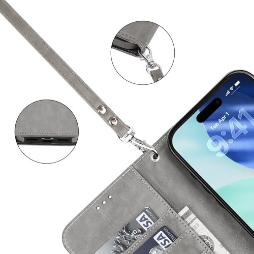 Bocasal Detachable Wallet Case Card Holder for iPhone 17 Pro Max Grey | RFID Blocking Kickstand Card Slots Holder PU Leather Magnetic Shockproof Wrist Strap Removable Flip Protective Cover 6.9 inch - color: Gray