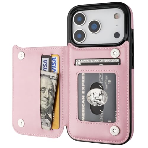 ONETOP for iPhone 17 Pro Wallet Case with Credit Card Holder,Pink | Kickstand,ID/Cash Holder,Case Wallet with Card Slots,Double Magnetic Clasp,Durable PU Leather Shockproof Cover for Women Men - color: Pink