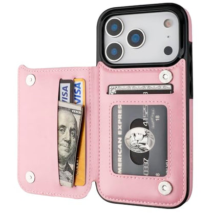 ONETOP for iPhone 17 Pro Wallet Case with Credit Card Holder,Pink | Kickstand,ID/Cash Holder,Case Wallet with Card Slots,Double Magnetic Clasp,Durable PU Leather Shockproof Cover for Women Men - color: Pink