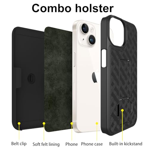 for iPhone 15 Pro Stand Case, Clip Holster, Screen Protector-Black | Camera Lens Protector, Swivel Kickstand Belt Holder, Slim Shell Pouch Full Body Protective,Rugged Shockproof Cell Phone Cover - size: iPhone 15 Pro