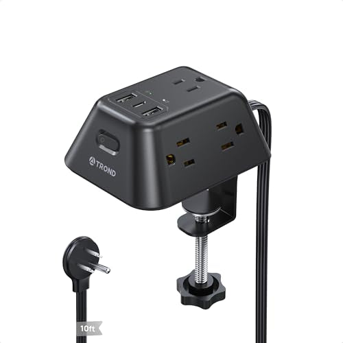 TROND Desk Clamp Power Strip, Surge Protector with 5 Widely Spaced Outlets - color: Black, size: 10FT (2U1C)