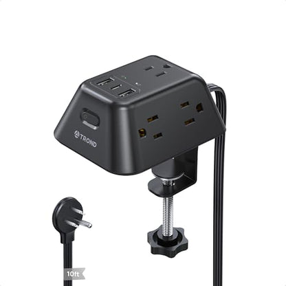 TROND Desk Clamp Power Strip, Surge Protector with 5 Widely Spaced Outlets - color: Black, size: 10FT (2U1C)