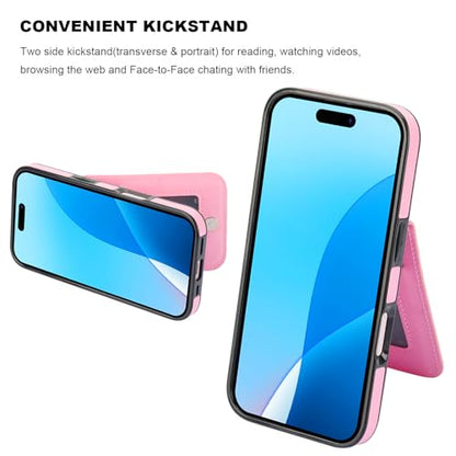 KIHUWEY for iPhone 16 Pro Wallet Case Card Holder Kickstand, Pink | Credit Card Slots, PU Leather, Magnetic Clasp, Flip Heavy Duty Protection Cover for Men and Women - color: Pink